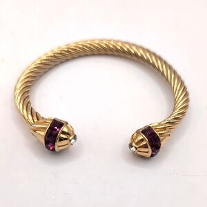 Vintage Gold-Tone Cuff Bracelet Twisted Rope Detail with Rhinestone Covered Caps
